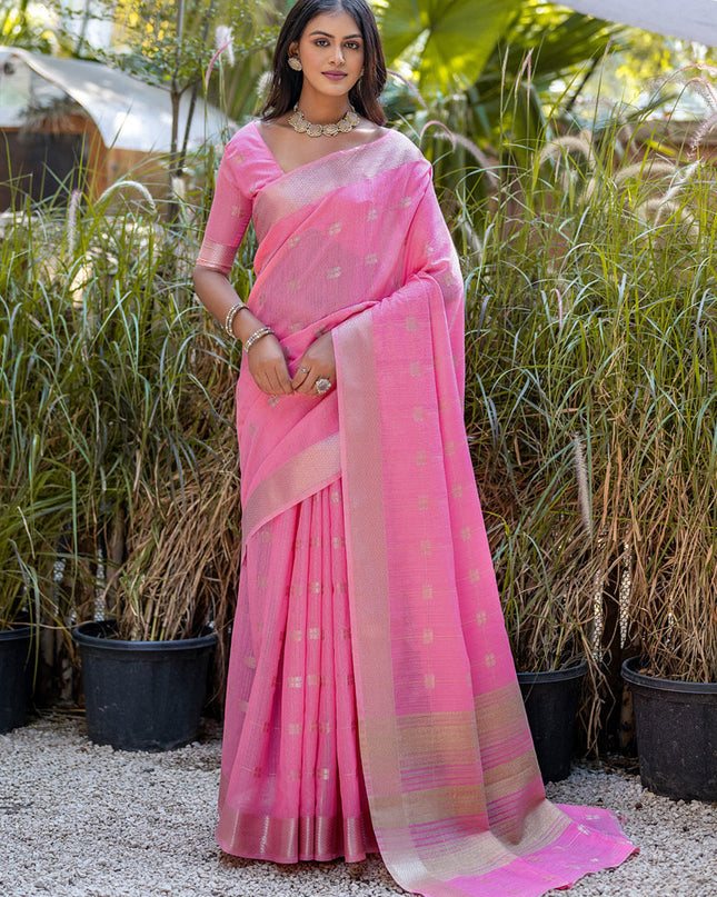Pink Pure Cotton Zari Woven Saree