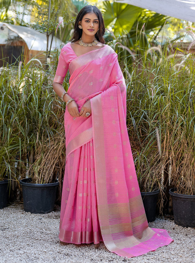 Pink Pure Cotton Zari Woven Saree