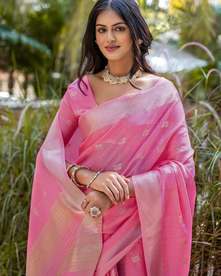 Pink Pure Cotton Zari Woven Saree