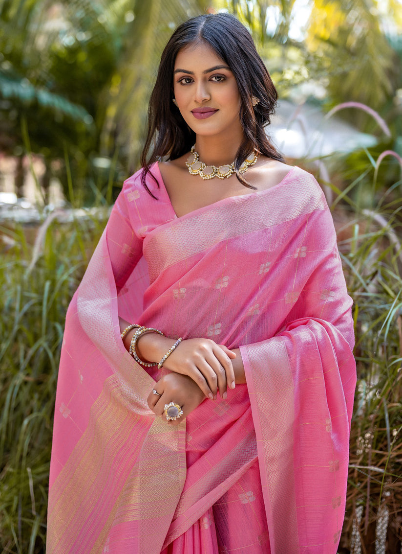 Pink Pure Cotton Zari Woven Saree