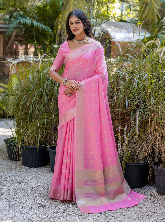 Pink Pure Cotton Zari Woven Saree
