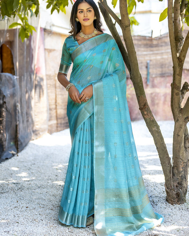 Sea Green Pure Cotton Zari Woven Saree