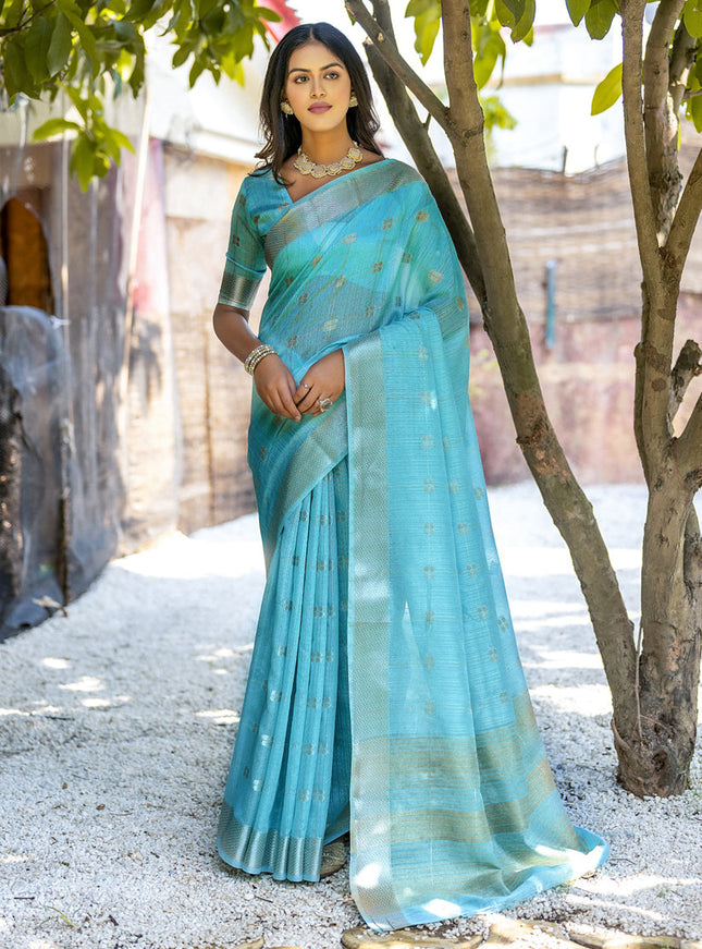 Sea Green Pure Cotton Zari Woven Saree
