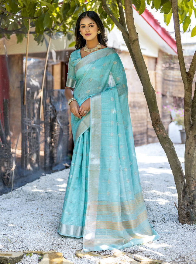 Sea Green Pure Cotton Zari Woven Saree