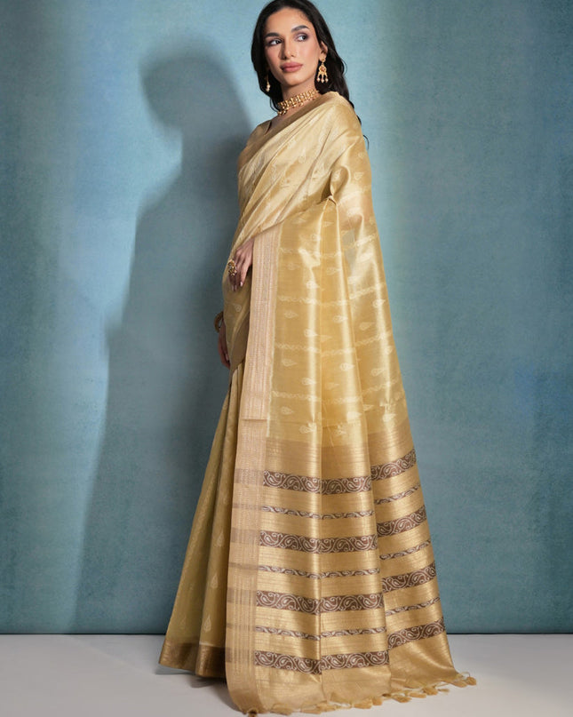 Cream Raw Silk Woven Saree