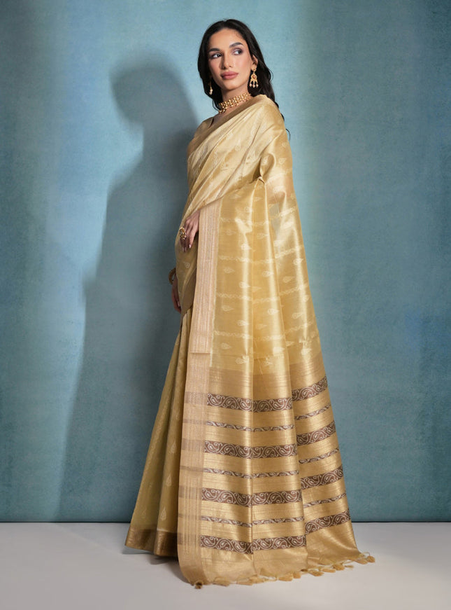 Cream Raw Silk Woven Saree