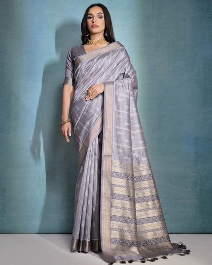 Grey Raw Silk Woven Saree