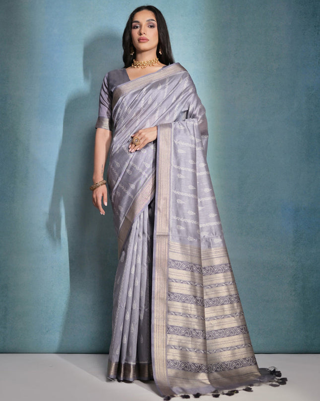 Grey Raw Silk Woven Saree