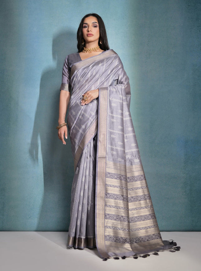Grey Raw Silk Woven Saree