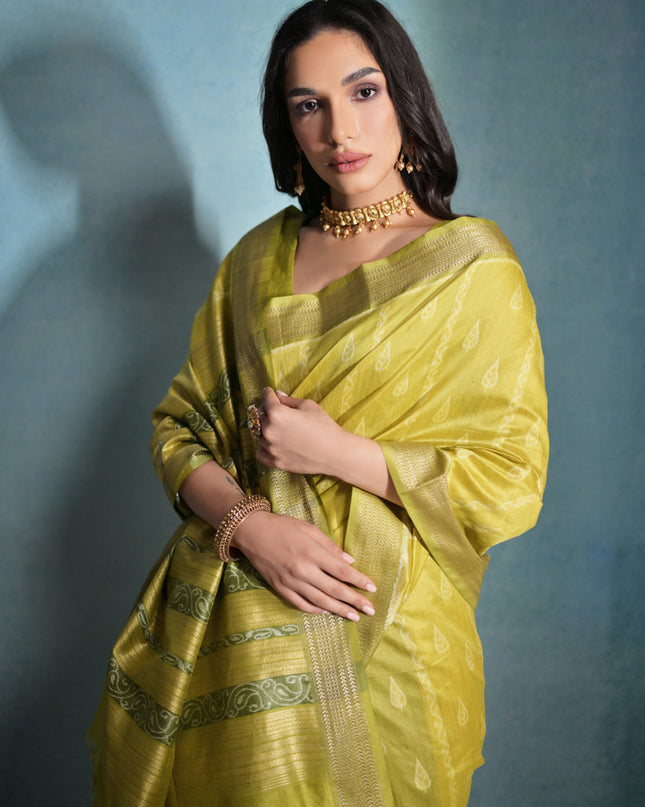 Mahendi Green Raw Silk Woven Saree