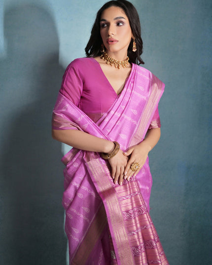 Rani Pink Raw Silk Woven Saree