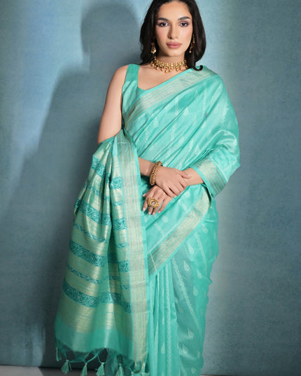 Sea Green Raw Silk Woven Saree