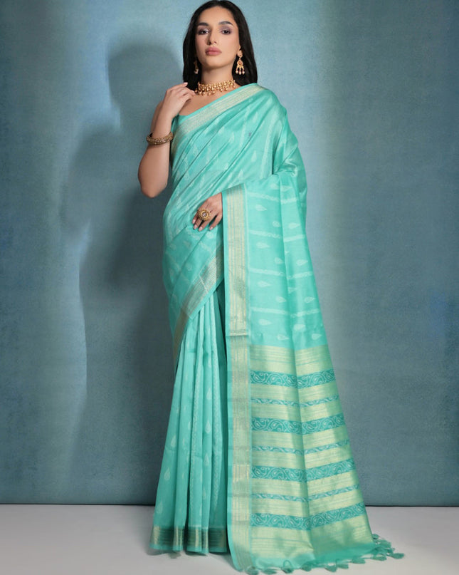 Sea Green Raw Silk Woven Saree
