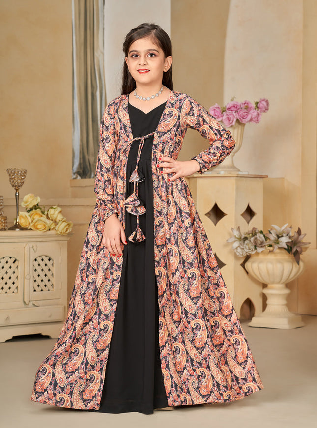 Black Georgette Kids Gown with Jacket