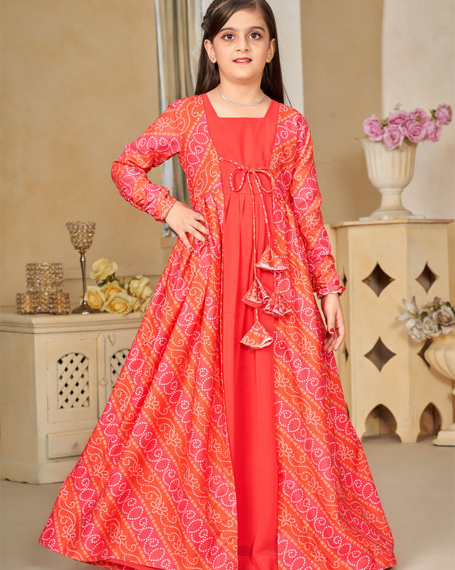 Coral Georgette Kids Gown with Jacket