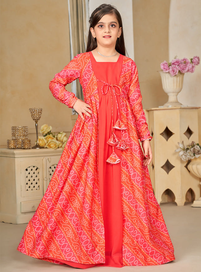 Coral Georgette Kids Gown with Jacket