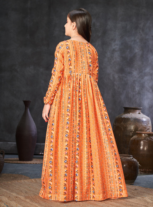 Golden Orange Georgette Kids Gown with Jacket