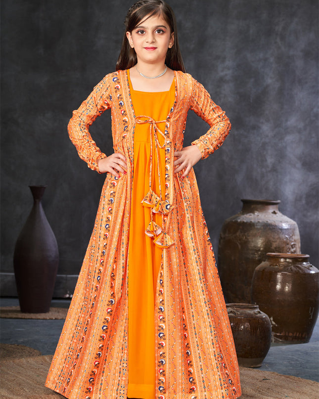 Golden Orange Georgette Kids Gown with Jacket