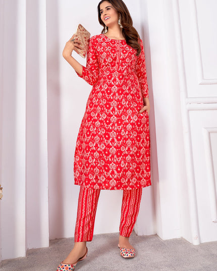 Hot Red Silk Handwork Kurti with Pant