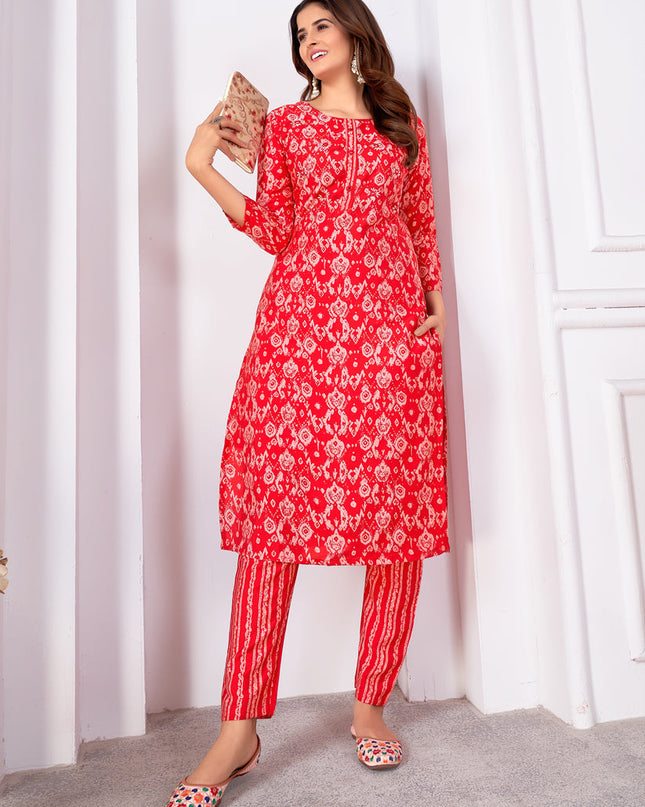 Hot Red Silk Handwork Kurti with Pant