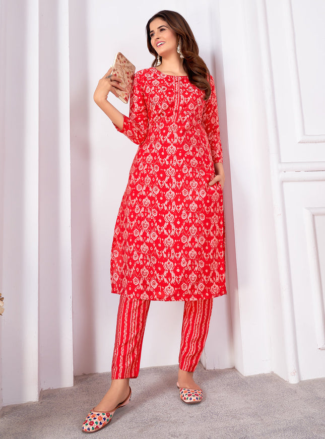 Hot Red Silk Handwork Kurti with Pant