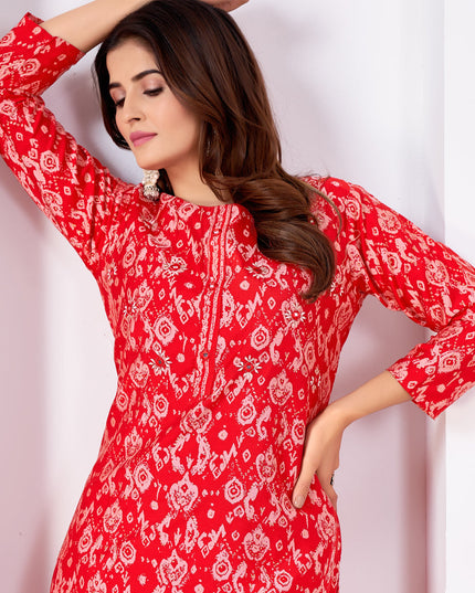 Hot Red Silk Handwork Kurti with Pant