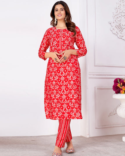 Hot Red Silk Handwork Kurti with Pant