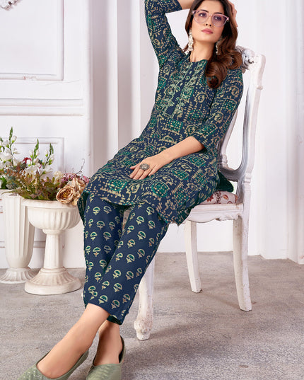 Prussian Blue Silk Handwork Kurti with Pant