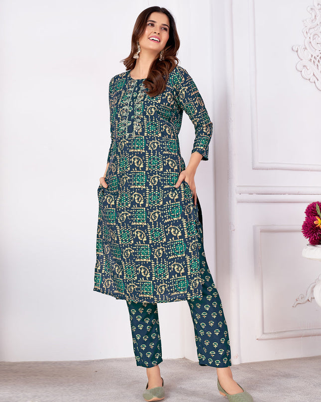 Prussian Blue Silk Handwork Kurti with Pant
