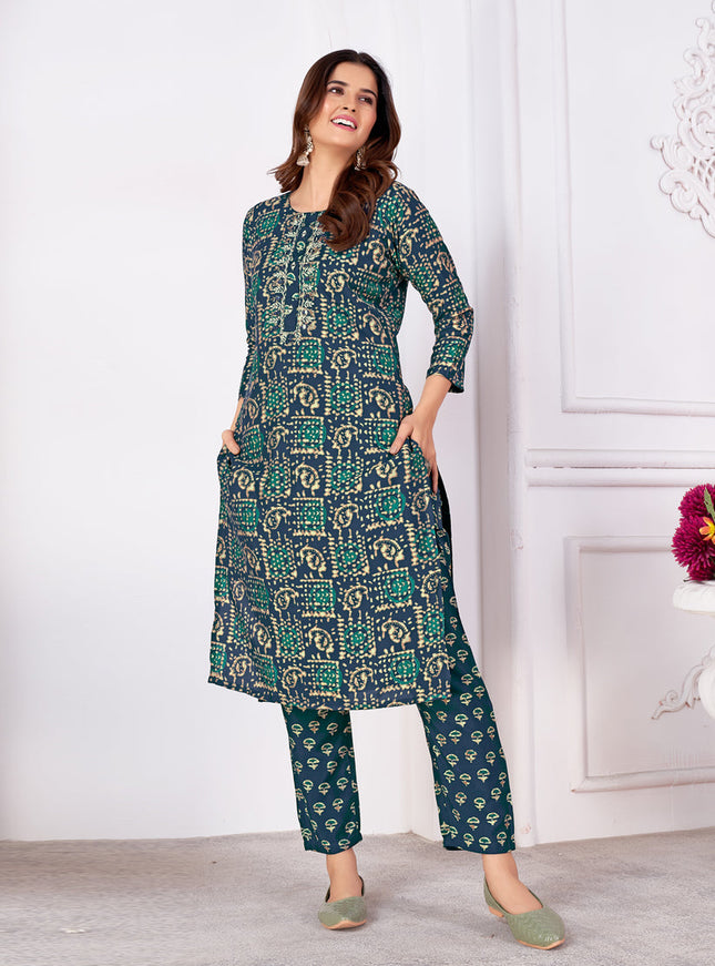 Prussian Blue Silk Handwork Kurti with Pant