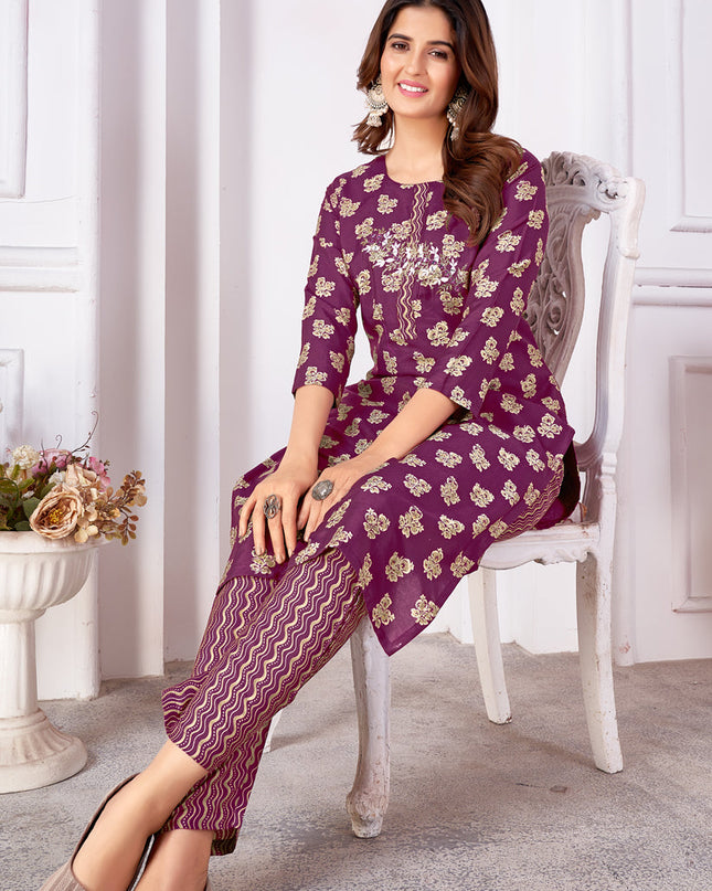 Magenta Silk Handwork Kurti with Pant
