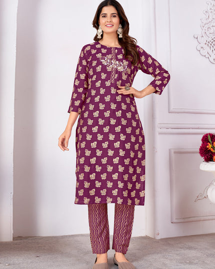 Magenta Silk Handwork Kurti with Pant