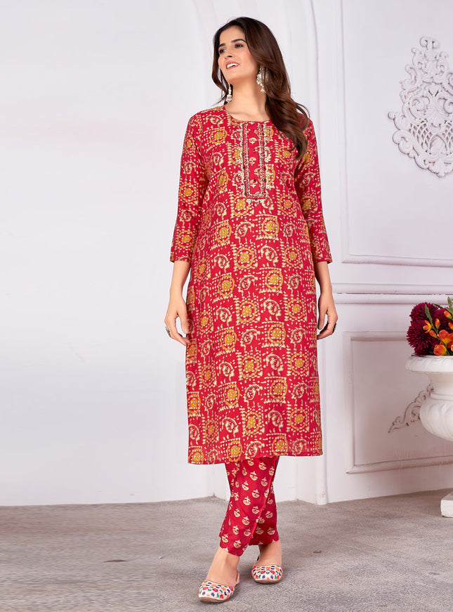 Salsa Red Silk Handwork Kurti with Pant