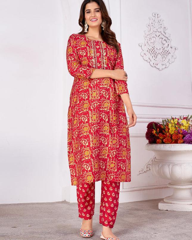 Salsa Red Silk Handwork Kurti with Pant
