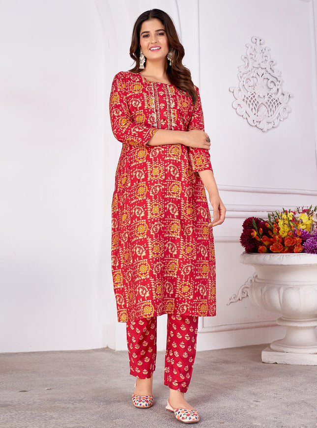 Salsa Red Silk Handwork Kurti with Pant