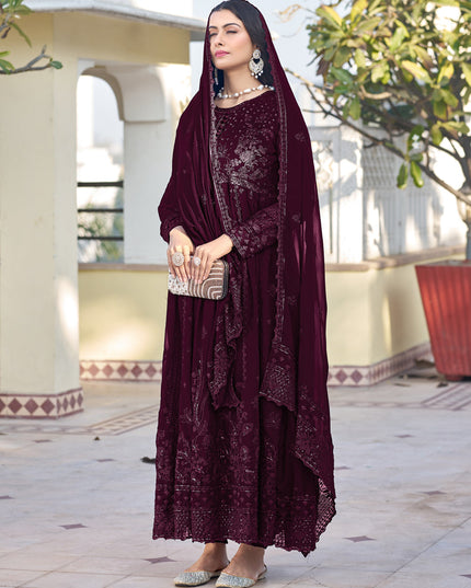 Wine Georgette Embroidered Anarkali Suit