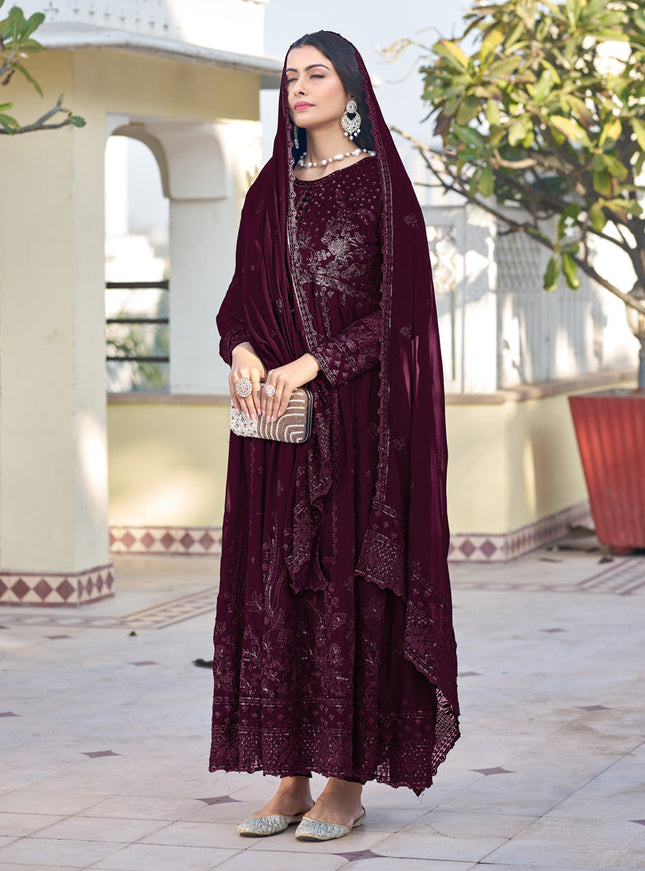 Wine Georgette Embroidered Anarkali Suit