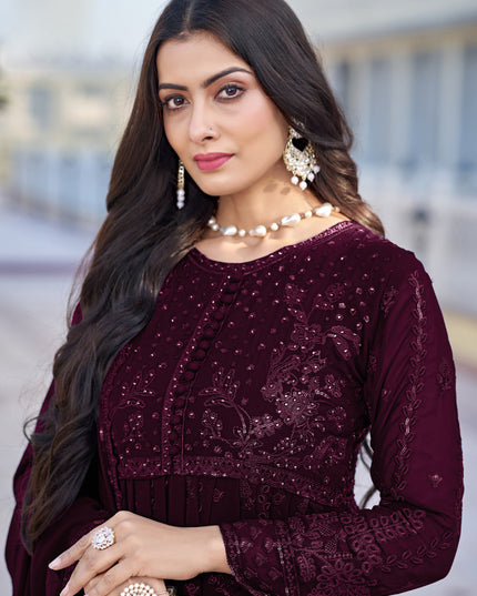 Wine Georgette Embroidered Anarkali Suit