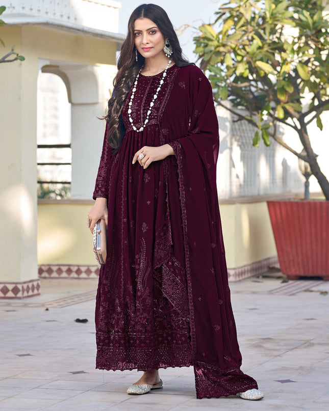 Wine Georgette Embroidered Anarkali Suit