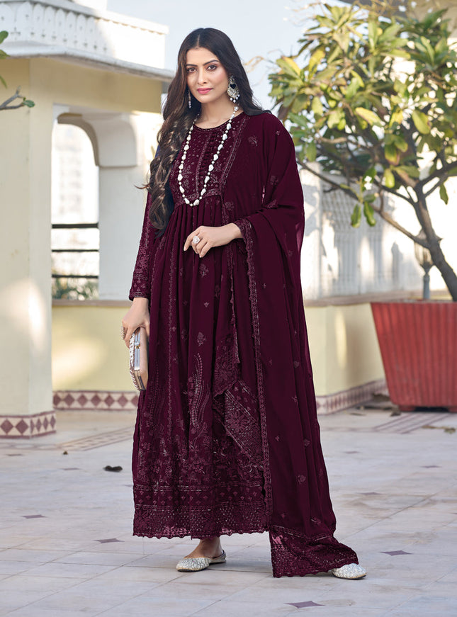 Wine Georgette Embroidered Anarkali Suit