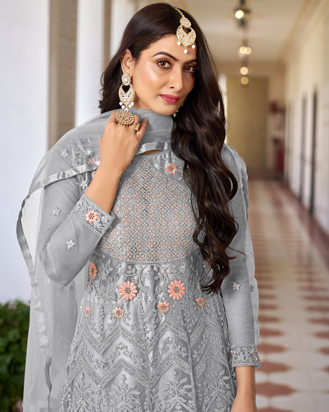 Steel Grey Net Embroidered Anarkali Dress for Festival