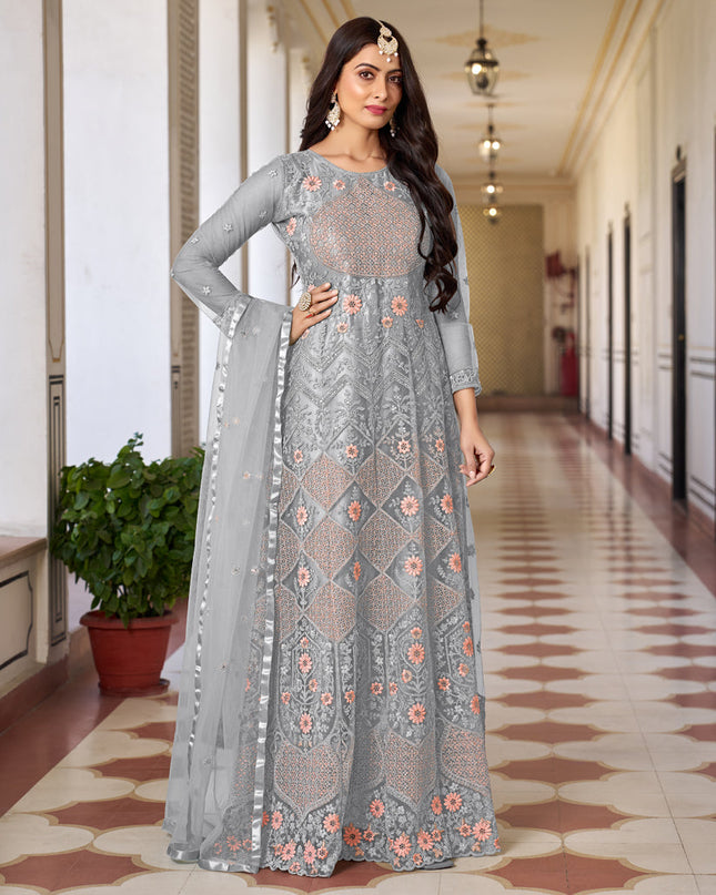 Steel Grey Net Embroidered Anarkali Dress for Festival