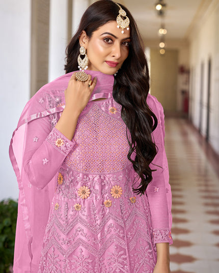 Cherry Pink Net Embroidered Anarkali Dress for Festival