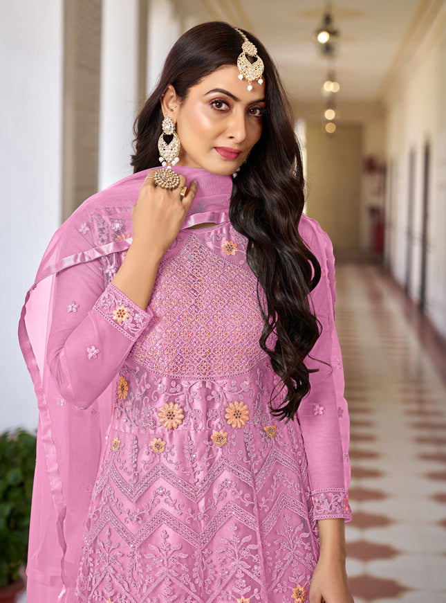 Cherry Pink Net Embroidered Anarkali Dress for Festival