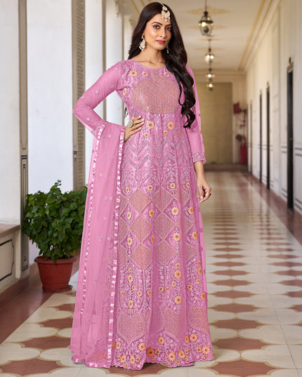 Cherry Pink Net Embroidered Anarkali Dress for Festival
