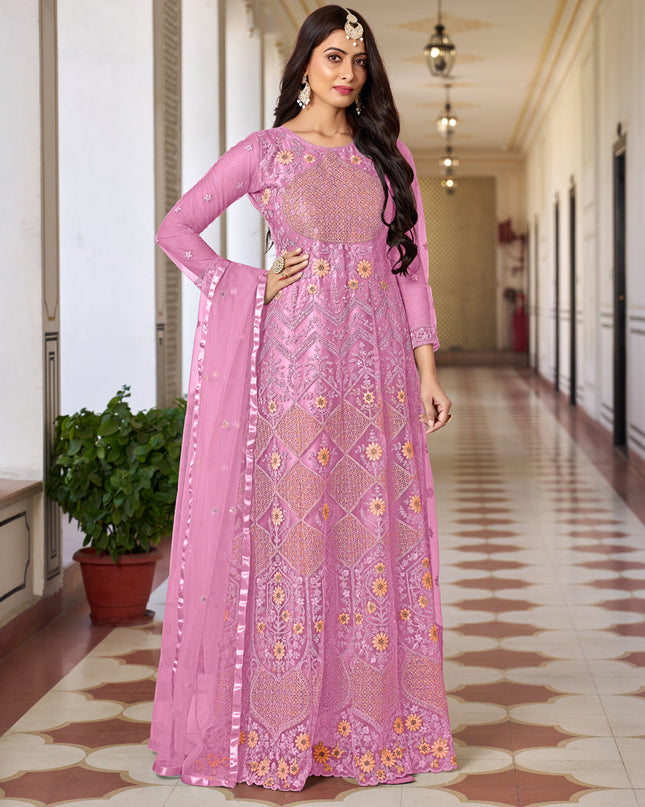 Cherry Pink Net Embroidered Anarkali Dress for Festival