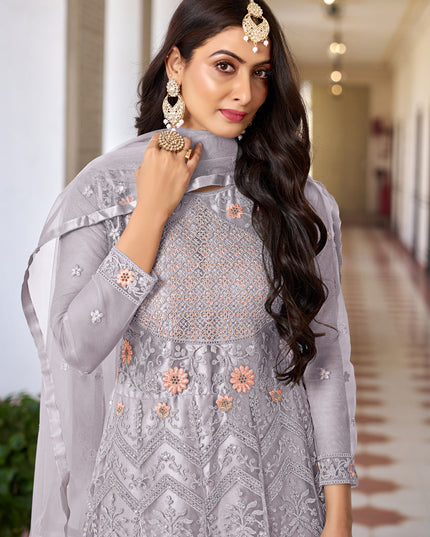 Smoke Grey Net Embroidered Anarkali Dress for Festival