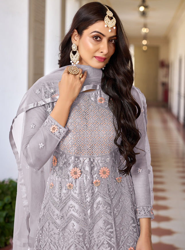 Smoke Grey Net Embroidered Anarkali Dress for Festival