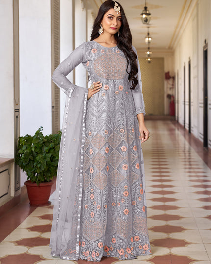 Smoke Grey Net Embroidered Anarkali Dress for Festival