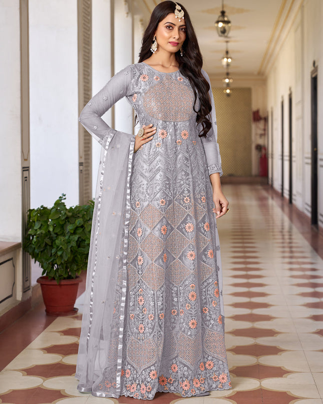 Smoke Grey Net Embroidered Anarkali Dress for Festival